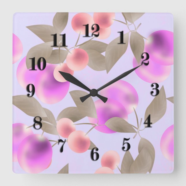 Nahtlose helle Pflaume trägt lila Beerenkirsche p Quadratische Wanduhr (Vorderseite)