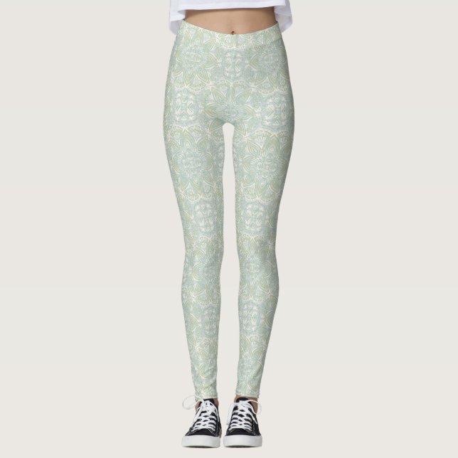 Nahtlose hellgrüne, gelbe und weiße Mandalase Leggings (Vorderseite)