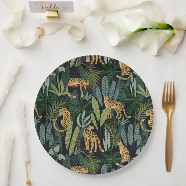 Nahtlose Illustration Leopard Dschungel Wald Custo Pappteller (Hochzeit)