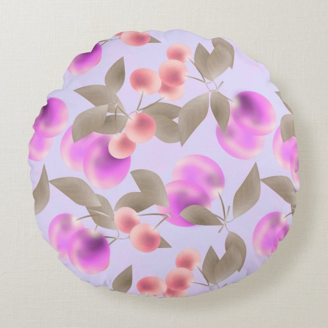 Nahtlose leichte Pflaumenfrüchte lila Beeren Kirsc Rundes Kissen (Vorderseite)