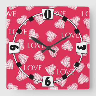 Nahtlose LIEBE Valentinstag rosa weiße Kratzer. Quadratische Wanduhr