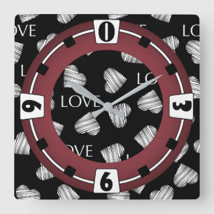 Nahtlose LIEBE Valentinstag schwarz, dunkelweiße N Quadratische Wanduhr