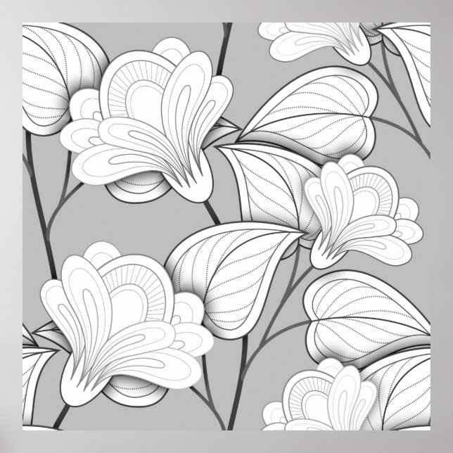 Nahtlose monochrome Blumenmuster Hand Drawn Flo Poster (Vorne)