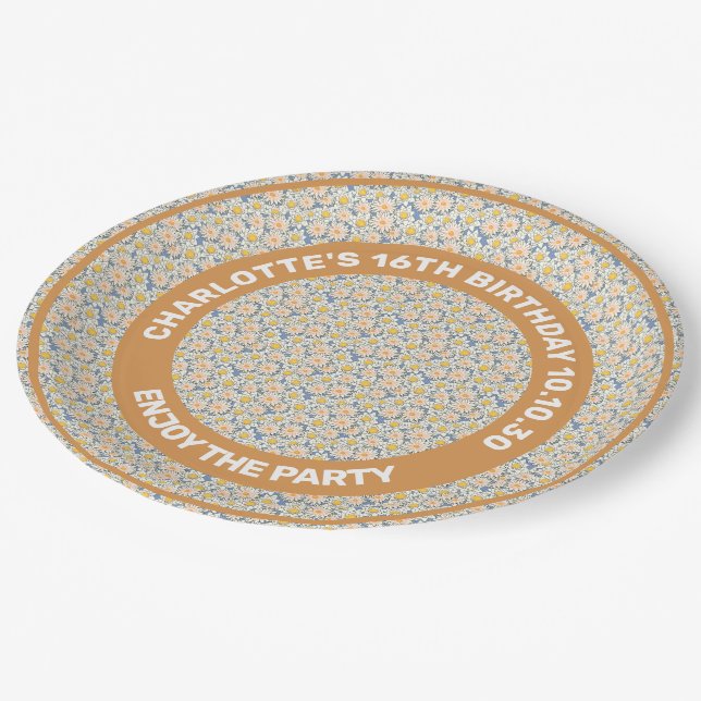 Nahtlose Muster der Sommerferien-Blume auf Grau Pappteller (Schrägansicht)