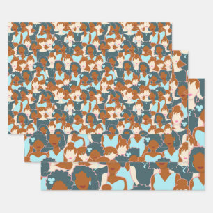 Nahtlose Muster mit schwarzen Mädchen und weißen M Geschenkpapier Set