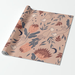 Nahtlose Muster mit Vögeln, Protea-Blume und ha Geschenkpapier