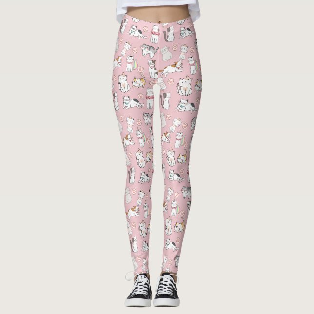 Nahtlose Muster Niedlicher Cartoon Kawaii Katzen Leggings (Vorderseite)