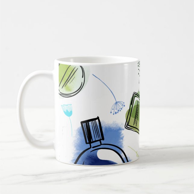 Nahtlose Muster Parfflasche und Aquarelltext Kaffeetasse (Links)