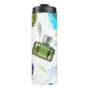 Nahtlose Muster Parfflasche und Aquarelltext Thermosbecher