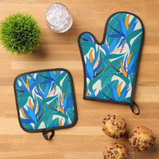 Nahtlose Muster-Pflanze Strelitzia G629 Ofenhandschuh & Topflappen-Set