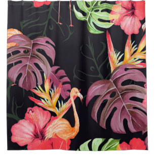 Nahtlose Muster von Hibiskus Blume, Flamingos und Duschvorhang