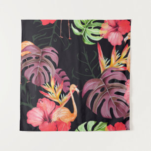 Nahtlose Muster von Hibiskus Blume, Flamingos und Wandteppich