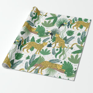 Nahtlose Muster von Leoparden im Dschungel. Sommer Geschenkpapier