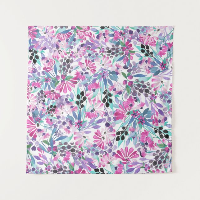 Nahtlose Muster von violetten Blumen und Beeren,bl Wandteppich (Vorderseite)