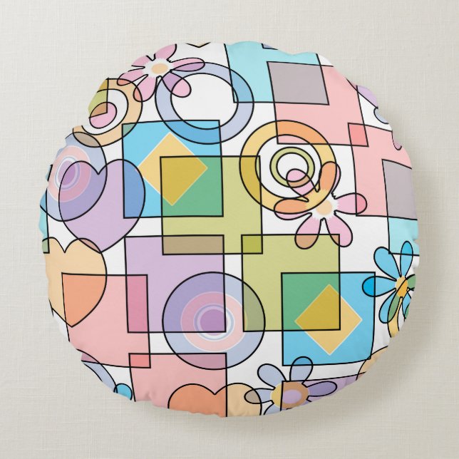 Nahtlose pastellfarbene geometrische Formen Quadra Rundes Kissen (Vorderseite)