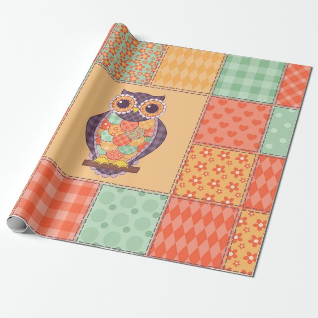 Nahtlose Patchwork-Eule-Muster. Vintager Hintergru Geschenkpapier (Ungerollt)