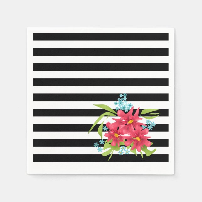 Nahtlose rosa Blume mit Schwarz-weißem Streifen Serviette (Vorderseite)