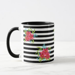 Nahtlose rosa Blume mit Schwarz-weißem Streifen Tasse