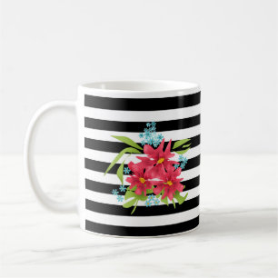 Nahtlose rosa Blumen floral schwarz weiß gestreift Kaffeetasse