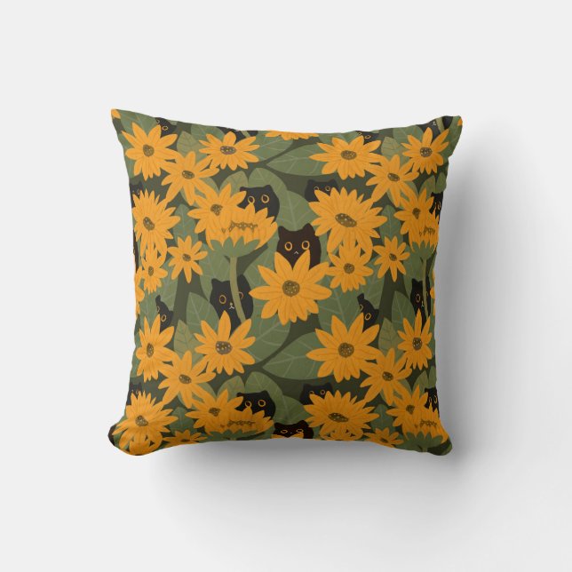 Nahtlose Schwarze Katze und Sonnenblumenmuster Kissen (Vorderseite)
