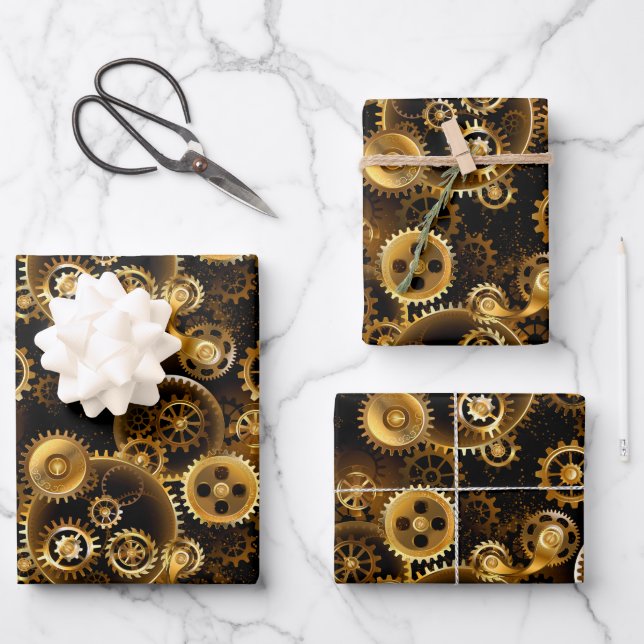 Nahtlose Steampunk-Messinggeräte Geschenkpapier Set (Vorderseite)