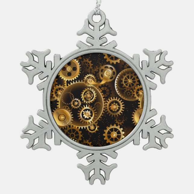 Nahtlose Steampunk-Messinggeräte Schneeflocken Zinn-Ornament (Vorderseite)