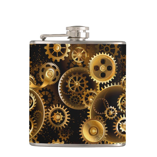 Nahtlose Steampunk-Messingzahnräder Flachmann (Vorderseite)