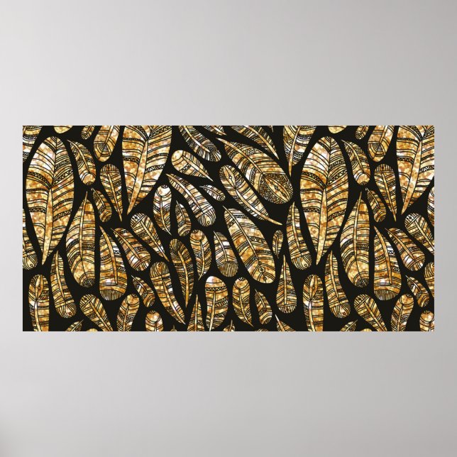 Nahtlose Textur Muster glühender goldener Feder Poster (Vorne)