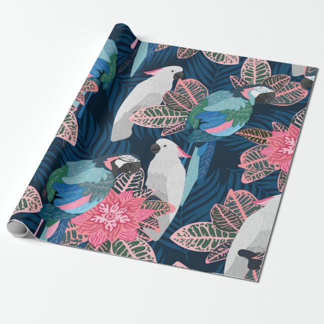 Nahtlose tropische Muster mit Papageien. Vintager  Geschenkpapier (Ungerollt)
