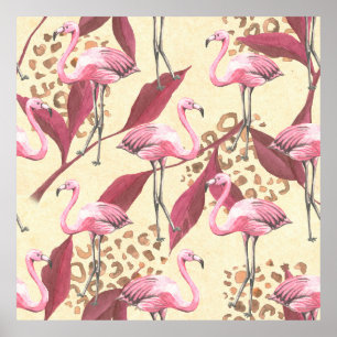 Nahtlose tropische Muster mit rosa Flamingo, Lev Poster