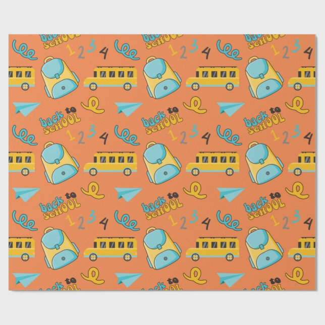 Nahtlose Verpackung mit Rucksack, Schulbus Geschenkpapier (Flach)
