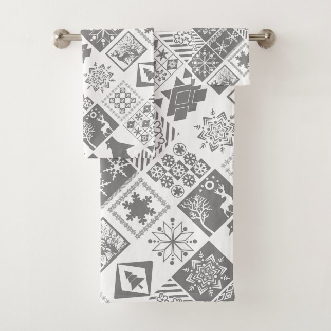 Nahtlose Weihnachtspatchwork Schneeflocken Badhandtuch Set (Insitu)