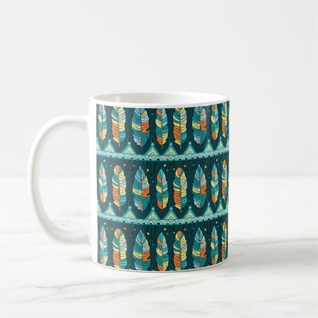 Nahtloser Federmuster-Hintergrund. Endlose Farbe Kaffeetasse (Links)