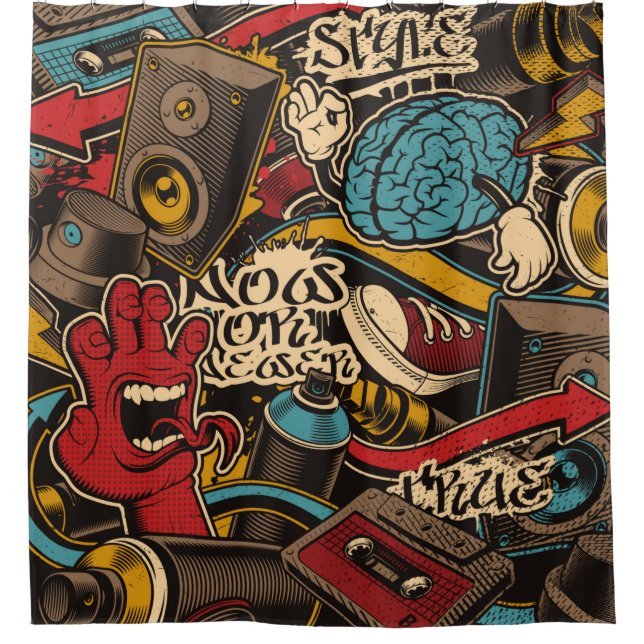 Nahtloser Graffiti-Hintergrund. Farbenfrohe nahtlo Duschvorhang (Vorderseite)