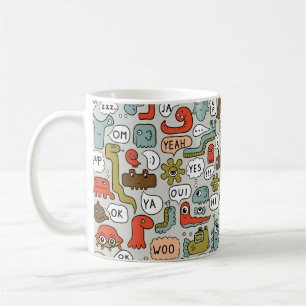 nahtloser Hintergrund mit Monstern niedlicher Cart Kaffeetasse