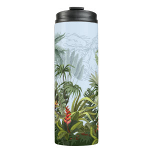 Nahtloser Rand mit Dschungelbäumen und Blumen. Vin Thermosbecher
