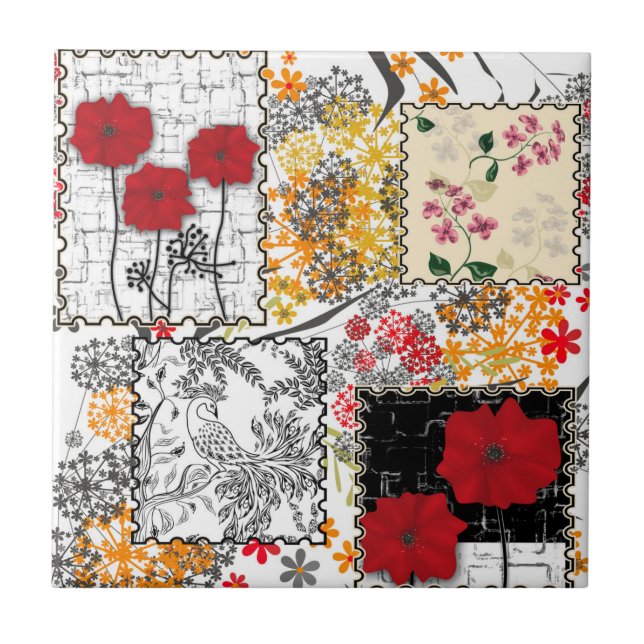 Nahtloser retro-vintage-patchwork-quilting-mohn fliese (Vorderseite)