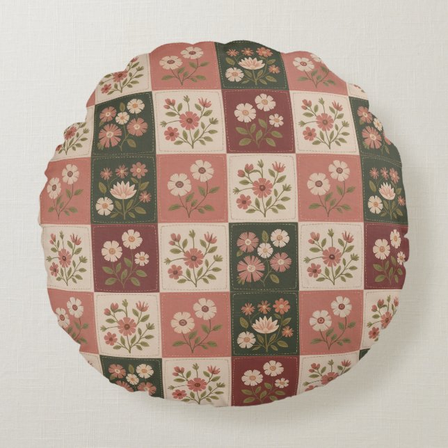 Nahtloser Rustikaler Blumenpatchwork Rundes Kissen (Vorderseite)