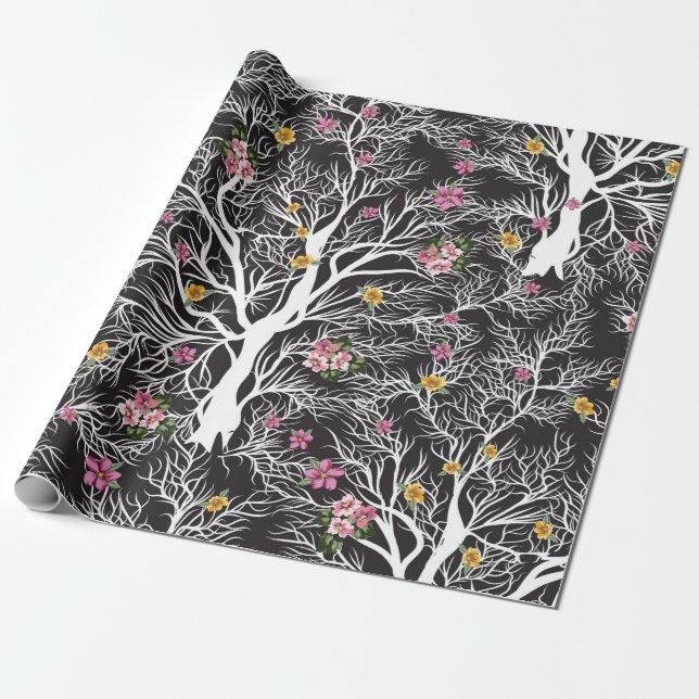 nahtloser Schwarzer Baum mit farbigen Blume Geschenkpapier (Ungerollt)