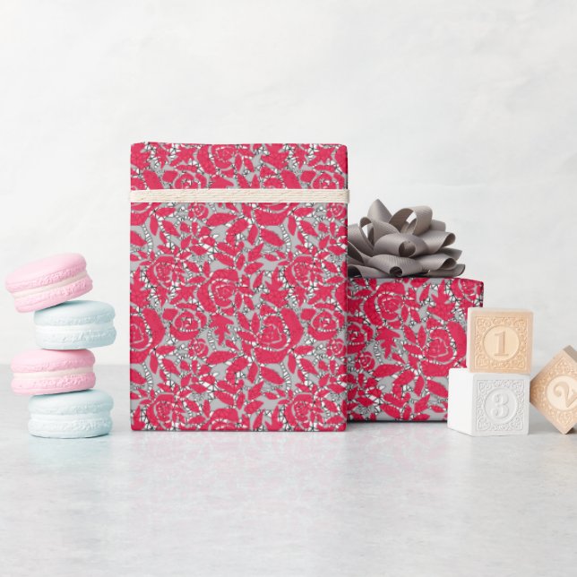 Nahtloser Spitzen-romantischer Retro-Vintager rote Geschenkpapier (Babyparty)
