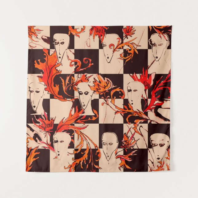 Nahtloses avantgardistisches Muster mit Gesichtern Wandteppich (Vorderseite)