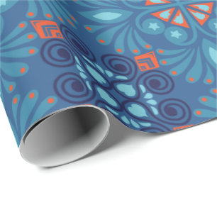 Nahtloses blaues und orangefarbenes Blumenmuster Geschenkpapier