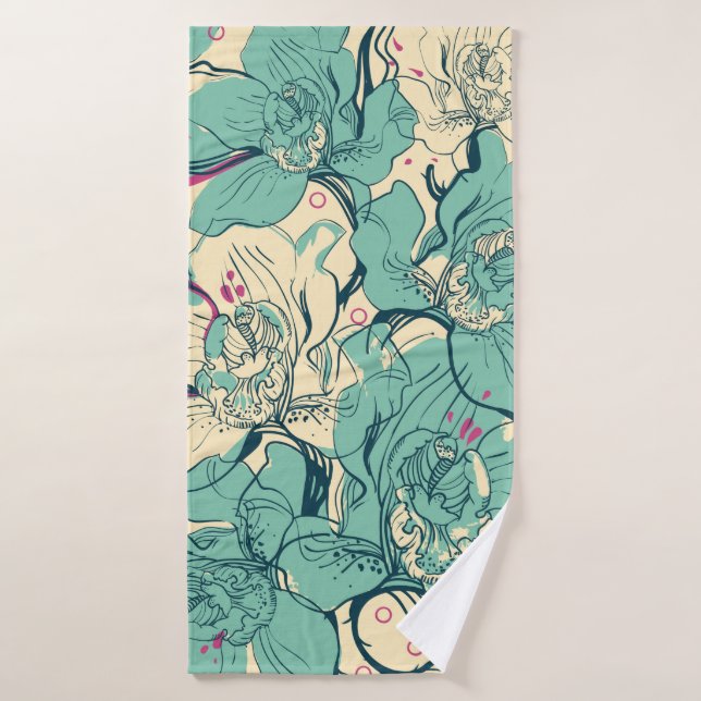  nahtloses Blumenmuster mit blauer Orchidee, Badehandtuch (Badehandtuch)
