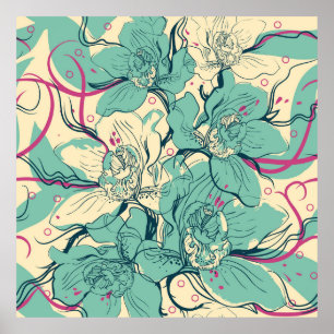  nahtloses Blumenmuster mit blauer Orchidee, Poster