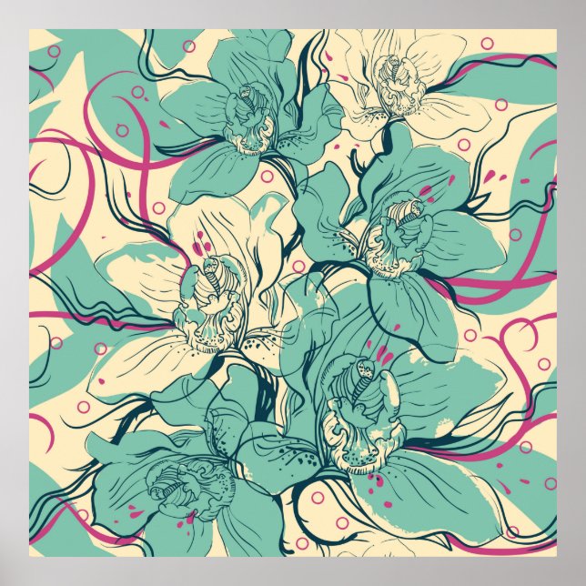 nahtloses Blumenmuster mit blauer Orchidee, Poster (Vorne)