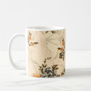 Nahtloses Blumenmuster mit Blumen und cremefarbene Kaffeetasse