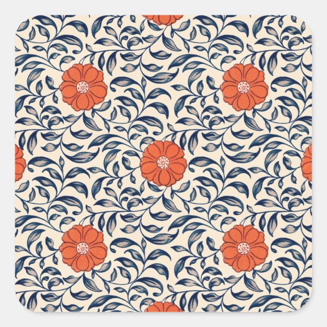 Nahtloses Blumenmuster mit leuchtender orangefarbe Quadratischer Aufkleber (Vorderseite)