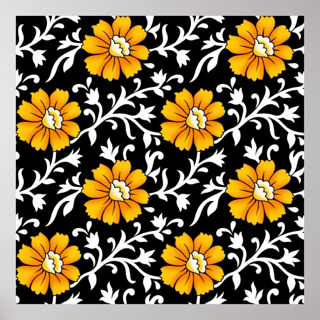 Nahtloses Blumenmuster mit schwarzem Hintergrund,b Poster (Vorne)