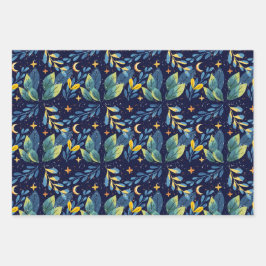 Nahtloses Botanisches Muster in Mitternacht Geschenkpapier Set