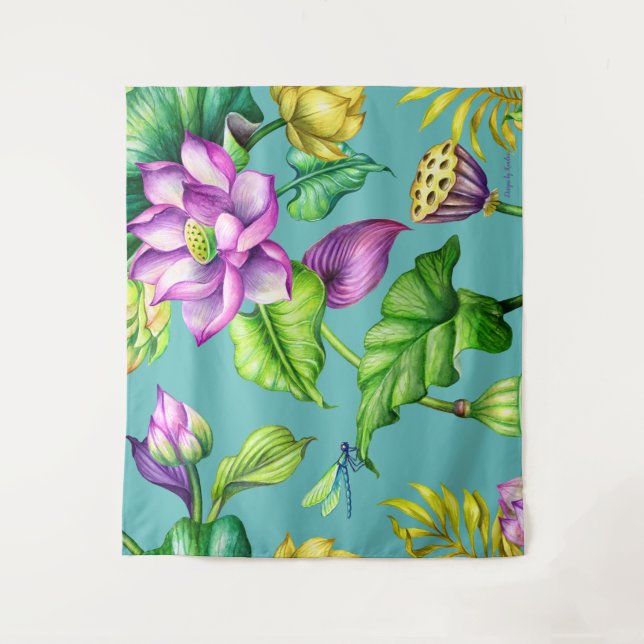 Nahtloses botanisches Muster Pink und Gelb Lotus Wandteppich (Vorderseite)